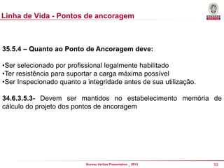 Linha de Vida - Pontos de ancoragem

35.5.4 – Quanto ao Ponto de Ancoragem deve:
•Ser selecionado por profissional legalmente habilitado
•Ter resistência para suportar a carga máxima possível
•Ser Inspecionado quanto a integridade antes de sua utilização.
34.6.3.5.3- Devem ser mantidos no estabelecimento memória de
cálculo do projeto dos pontos de ancoragem

Bureau Veritas Presentation _ 2013

53

 