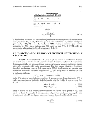 Apostila de Transferência de Calor e Massa 112
Tab. 8.2
2
0 L
a
TT
T
∆+∆
=∆ (8.23)
Apresentamos, na Tabela 8.2, uma comparação entre as médias logarítmica e aritmética das
duas grandezas ∆ To e ∆ TL. Notamos que as médias aritmética e logarítmica são iguais
para ∆ To = ∆ TL .Quando ∆ To ≠ ∆ TL, a DTML é sempre menor do que a média
aritmética; se ∆ To não é mais do que 50% maior do que ∆ TL, A DTML pode ser
aproximada pela média aritmética dentro de cerca de 1,4%.
8.5) CORREÇÃO DA DTML EM TROCADORES COM CORRENTES CRUZADAS
E MULTIPASSE
A DTML, desenvolvida na Sec. 8.4, não se aplica à análise da transferência de calor
em trocadores de correntes cruzadas e muitos passes. As diferenças efetivas de temperatura
foram determinadas nos escoamentos de correntes cruzadas e também multipasse, mas as
expressões resultantes são muito complicadas. Por isso, nessas situações, é costume
introduzir um fator de correção F de modo que a DTML simples possa ser ajustada para
representar a diferença efetiva de temperatura corrT∆ para a disposição de correntes cruzada
e multipasse na forma
ente)contracorremTF(= lncorrT∆
onde ∆ Tln deve ser calculada nas condições de contracorrente. Especificamente, ∆ T0 e
∆ TL, que aparecem na definição da DTML dada pela Eq. (8.12), devem ser (veja Fig.
8.12b)
∆ T0 = Th,ef - Tc,af ( 8.25 a)
∆ TL = Th,af - Tc,ef (8.25 b)
onde os índices c e h se referem, respectivamente, aos fluidos frio e quente. A Fig. 8.16
mostra o fator de correção F em algumas configurações usualmente empregadas nos
trocadores de calor. Nestas figuras, a abscissa é a razão dimensional P, definida como
11
12
P
tT
tt
−
−
= (8.26 a)
 