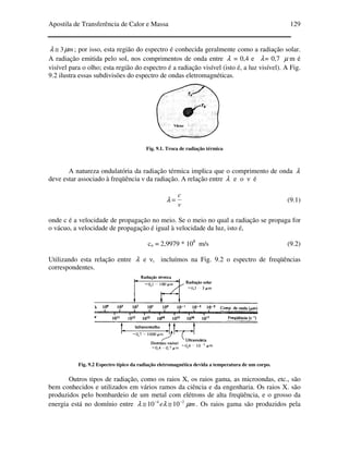 Apostila de Transferência de Calor e Massa 129
mµλ 3≅ ; por isso, esta região do espectro é conhecida geralmente como a radiação solar.
A radiação emitida pelo sol, nos comprimentos de onda entre λ = 0,4 e λ= 0,7 µ m é
visível para o olho; esta região do espectro é a radiação visível (isto é, a luz visível). A Fig.
9.2 ilustra essas subdivisões do espectro de ondas eletromagnéticas.
Fig. 9.1. Troca de radiação térmica
A natureza ondulatória da radiação térmica implica que o comprimento de onda λ
deve estar associado à freqüência ν da radiação. A relação entre λ e o ν é
v
c
=λ (9.1)
onde c é a velocidade de propagação no meio. Se o meio no qual a radiação se propaga for
o vácuo, a velocidade de propagação é igual à velocidade da luz, isto é,
co = 2,9979 * 108
m/s (9.2)
Utilizando esta relação entre λ e ν, incluímos na Fig. 9.2 o espectro de freqüências
correspondentes.
Fig. 9.2 Espectro típico da radiação eletromagnética devida a temperatura de um corpo.
Outros tipos de radiação, como os raios X, os raios gama, as microondas, etc., são
bem conhecidos e utilizados em vários ramos da ciência e da engenharia. Os raios X. são
produzidos pelo bombardeio de um metal com elétrons de alta freqüência, e o grosso da
energia está no domínio entre me µλλ 24
1010 −−
≅≅ . Os raios gama são produzidos pela
 