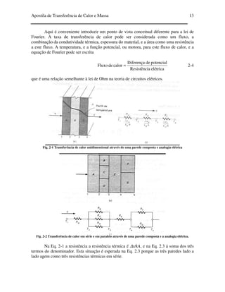 Apostila de Transferência de Calor e Massa 13
Aqui é conveniente introduzir um ponto de vista conceitual diferente para a lei de
Fourier. A taxa de transferência de calor pode ser considerada como um fluxo, a
combinação da condutividade térmica, espessura do material, e a área como uma resistência
a este fluxo. A temperatura, e a função potencial, ou motora, para este fluxo de calor, e a
equação de Fourier pode ser escrita
elétricaaResistênci
potencialdeDiferença
calordeFluxo = 2-4
que é uma relação semelhante à lei de Ohm na teoria de circuitos elétricos.
Fig. 2-1 Transferência de calor unidimensional através de uma parede composta e analogia elétrica
Fig. 2-2 Transferência de calor em série e em paralelo através de uma parede composta e a analogia elétrica.
Na Eq. 2-1 a resistência a resistência térmica é ∆x/kA, e na Eq. 2.3 á soma dos três
termos do denominador. Esta situação é esperada na Eq. 2.3 porque as três paredes lado a
lado agem como três resistências térmicas em série.
 