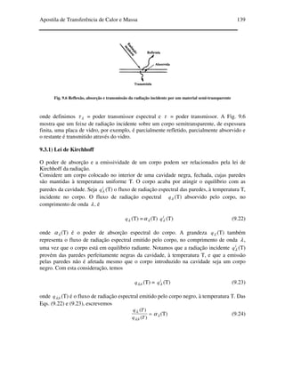 Apostila de Transferência de Calor e Massa 139
Fig. 9.6 Reflexão, absorção e transmissão da radiação incidente por um material semi-transparente
onde definimos λτ = poder transmissor espectral e τ = poder transmissor. A Fig. 9.6
mostra que um feixe de radiação incidente sobre um corpo semitransparente, de espessura
finita, uma placa de vidro, por exemplo, é parcialmente refletido, parcialmente absorvido e
o restante é transmitido através do vidro.
9.3.1) Lei de Kirchhoff
O poder de absorção e a emissividade de um corpo podem ser relacionados pela lei de
Kirchhoff da radiação.
Considere um corpo colocado no interior de uma cavidade negra, fechada, cujas paredes
são mantidas à temperatura uniforme T. O corpo acaba por atingir o equilíbrio com as
paredes da cavidade. Seja i
qλ (T) o fluxo de radiação espectral das paredes, à temperatura T,
incidente no corpo. O fluxo de radiação espectral λq (T) absorvido pelo corpo, no
comprimento de onda λ , é
λq (T) = λα (T) i
qλ (T) (9.22)
onde λα (T) é o poder de absorção espectral do corpo. A grandeza λq (T) também
representa o fluxo de radiação espectral emitido pelo corpo, no comprimento de onda λ ,
uma vez que o corpo está em equilíbrio radiante. Notamos que a radiação incidente i
qλ (T)
provém das paredes perfeitamente negras da cavidade, à temperatura T, e que a emissão
pelas paredes não é afetada mesmo que o corpo introduzido na cavidade seja um corpo
negro. Com esta consideração, temos
bq .λ (T) = i
qλ (T) (9.23)
onde bq .λ (T) é o fluxo de radiação espectral emitido pelo corpo negro, à temperatura T. Das
Eqs. (9.22) e (9.23), escrevemos
=
)(
)(
.
.
Tq
Tq
bλ
λ
λα (T) (9.24)
 