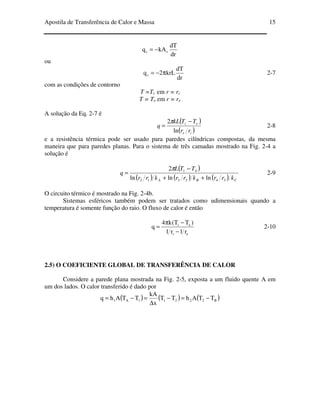 Apostila de Transferência de Calor e Massa 15
dr
dT
kAq rr −=
ou
dr
dT
krL2qr π−= 2-7
com as condições de contorno
T =Ti em r = ri
T = Te em r = re
A solução da Eq. 2-7 é
( )
( )ie
ei
rr
TTkL
q
ln
2 −
=
π
2-8
e a resistência térmica pode ser usado para paredes cilíndricas compostas, da mesma
maneira que para paredes planas. Para o sistema de três camadas mostrado na Fig. 2-4 a
solução é
( )
( ) ( ) ( ) CBA krrkrrkrr
TTL
q
342312
41
lnlnln
2
++
−
=
π
2-9
O circuito térmico é mostrado na Fig. 2-4b.
Sistemas esféricos também podem ser tratados como udimensionais quando a
temperatura é somente função do raio. O fluxo de calor é então
ei
ei
r1r1
)TT(k4
q
−
−π
= 2-10
2.5) O COEFICIENTE GLOBAL DE TRANSFERÊNCIA DE CALOR
Considere a parede plana mostrada na Fig. 2-5, exposta a um fluido quente A em
um dos lados. O calor transferido é dado por
( ) ( ) ( )B22211A1 TTAhTT
x
kA
TTAhq −=−
∆
=−=
 
