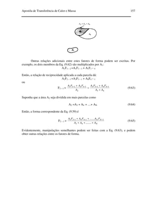 Apostila de Transferência de Calor e Massa 157
Outras relações adicionais entre estes fatores de forma podem ser escritas. Por
exemplo, os dois membros da Eq. (9.62) são multiplicados por A1:
A1F1 – 2 =A1F1 – 3 + A1F1 – 4
Então, a relação de reciprocidade aplicada a cada parcela dá:
A2F2 – 1 =A3F3 – 1 + A4F4 – 1
ou
F2 – 1 = =
+ −−
2
144133
A
FAFA
43
144133
AA
FAFA
+
+ −−
(9.63)
Suponha que a área A2 seja dividida em mais parcelas como
A2 =A3 + A4 + ....+ AN (9.64)
Então, a forma correspondente da Eq. (9.59) é
F2 – 1 =
N
NN
AAA
FAFAFA
+++
++ −−−
........
.......
43
1144133
(9.65)
Evidentemente, manipulações semelhantes podem ser feitas com a Eq. (9.63), e podem
obter outras relações entre os fatores de forma.
 