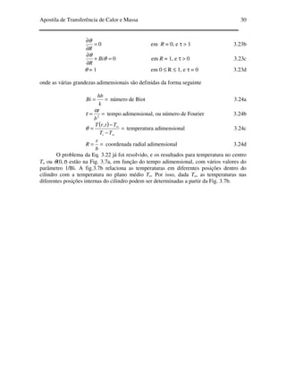 Apostila de Transferência de Calor e Massa 30
0=
∂
∂
R
θ
em R = 0, e τ > 1 3.23b
0=+
∂
∂
θ
θ
Bi
R
em R = 1, e τ > 0 3.23c
θ = 1 em 0 ≤ R ≤ 1, e τ = 0 3.23d
onde as várias grandezas adimensionais são definidas da forma seguinte
==
k
hb
Bi número de Biot 3.24a
== 2
b
tα
τ tempo adimensional, ou número de Fourier 3.24b
( ) =
−
−
=
∞
∞
TT
TtrT
i
,
θ temperatura adimensional 3.24c
==
b
r
R coordenada radial adimensional 3.24d
O problema da Eq. 3.22 já foi resolvido, e os resultados para temperatura no centro
To ou θ(0,τ) estão na Fig. 3.7a, em função do tempo adimensional, com vários valores do
parâmetro 1/Bi. A fig.3.7b relaciona as temperaturas em diferentes posições dentro do
cilindro com a temperatura no plano médio To. Por isso, dada To, as temperaturas nas
diferentes posições internas do cilindro podem ser determinadas a partir da Fig. 3.7b.
 