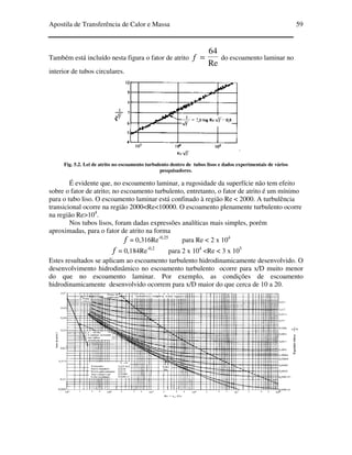Apostila de Transferência de Calor e Massa 59
Também está incluído nesta figura o fator de atrito
Re
64
=f do escoamento laminar no
interior de tubos circulares.
Fig. 5.2. Lei de atrito no escoamento turbulento dentro de tubos lisos e dados experimentais de vários
pesquisadores.
É evidente que, no escoamento laminar, a rugosidade da superfície não tem efeito
sobre o fator de atrito; no escoamento turbulento, entretanto, o fator de atrito é um mínimo
para o tubo liso. O escoamento laminar está confinado à região Re < 2000. A turbulência
transicional ocorre na região 2000<Re<10000. O escoamento plenamente turbulento ocorre
na região Re>104
.
Nos tubos lisos, foram dadas expressões analíticas mais simples, porém
aproximadas, para o fator de atrito na forma
f = 0,316Re-0,25
para Re < 2 x 104
f = 0,184Re-0,2
para 2 x 104
<Re < 3 x 105
Estes resultados se aplicam ao escoamento turbulento hidrodinamicamente desenvolvido. O
desenvolvimento hidrodinâmico no escoamento turbulento ocorre para x/D muito menor
do que no escoamento laminar. Por exemplo, as condições de escoamento
hidrodinamicamente desenvolvido ocorrem para x/D maior do que cerca de 10 a 20.
 