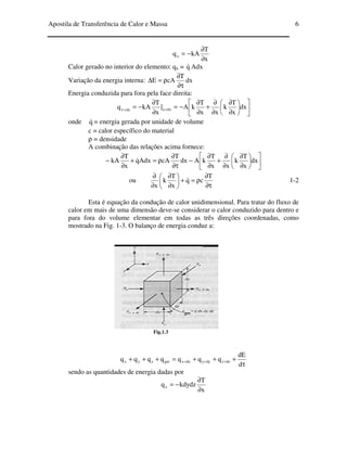 Apostila de Transferência de Calor e Massa 6
x
T
kAqx
∂
∂
−=
Calor gerado no interior do elemento: qx = q& Adx
Variação da energia interna: dx
T
cAE
τ∂
∂
ρ=∆
Energia conduzida para fora pela face direita:












∂
∂
∂
∂
+
∂
∂
−=
∂
∂
−= ++
dx
x
T
k
xx
T
kA]
x
T
kAq dxxdxx
onde q& = energia gerada por unidade de volume
c = calor específico do material
ρ = densidade
A combinação das relações acima fornece:












∂
∂
∂
∂
+
∂
∂
−
τ∂
∂
ρ=+
∂
∂
− dx
x
T
k
xx
T
kAdx
T
cAAdxq
x
T
kA &
ou
τ∂
∂
ρ=+





∂
∂
∂
∂ T
cq
x
T
k
x
& 1-2
Esta é equação da condução de calor unidimensional. Para tratar do fluxo de
calor em mais de uma dimensão deve-se considerar o calor conduzido para dentro e
para fora do volume elementar em todas as três direções coordenadas, como
mostrado na Fig. 1-3. O balanço de energia conduz a:
Fig.1.3
τ
+++=+++ +++
d
dE
qqqqqqq dzzdyydxxgerzyx
sendo as quantidades de energia dadas por
x
T
kdydzqx
∂
∂
−=
 