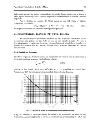 Apostila de Transferência de Calor e Massa 80
dados experimentais de muitos pesquisadores, incluindo fluidos, como o ar, a água e o
sódio líquido, com temperatura constante na parede e também com fluxo de calor constante
na parede.
Para o domínio do número de Péclét menor do que 0,2, Nakai e Okazaki
propuseram a correlação
12/1
m )Peln8237,0(Nu −−−−
−−−−==== com Pe < 0.2 (6.58)
As propriedades devem ser estimadas na temperatura películar.
6.3) ESCOAMENTO EM TORNO DE UMA ESFERA ISOLADA
As características do escoamento em torno de uma esfera são semelhantes às dos
escoamentos apresentados na fig (8.3) no caso de um cilindro isolado. Por isso, a
dependência entre o coeficiente de arraste, ou o coeficiente de transferência de calor, e o
número de Reynolds deve ter, no caso de uma esfera, a mesma forma que no caso de
cilindro único.
6.3.1) Coeficiente de arraste
Se F for a força total de arraste devida ao escoamento em torno de uma esfera isolada, o
coeficiente médio de arraste cD é definido pela relação
2
u
c
A
F 2
D
∞∞∞∞
====
ρρρρ
(6.59)
onde A é a área frontal (isto é, A = 4/D2
ππππ ) e ∞∞∞∞u é a velocidade da corrente livre.
Notamos que F/A é a força de arraste por unidade de área frontal da esfera.
Fig. 6.7. Coeficiente de arraste no escoamento em torno de uma única esfera.
A fig. 6.7 apresenta o coeficiente médio de arraste cD no escoamento em torno de uma
esfera única. A comparação entre as curvas do coeficiente de arraste nas Fig. 6.4 e 6.7, para
 