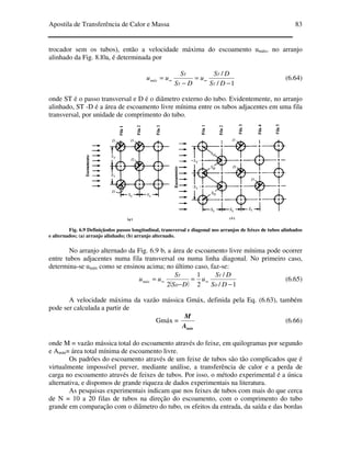 Apostila de Transferência de Calor e Massa 83
trocador sem os tubos), então a velocidade máxima do escoamento umáx, no arranjo
alinhado da Fig. 8.l0a, é determinada por
1/
/
−
=
−
= ∞∞
DS
DS
u
DS
S
uu
T
T
T
T
máx (6.64)
onde ST é o passo transversal e D é o diâmetro externo do tubo. Evidentemente, no arranjo
alinhado, ST -D é a área de escoamento livre mínima entre os tubos adjacentes em uma fila
transversal, por unidade de comprimento do tubo.
Fig. 6.9 Definiçãodos passos longitudinal, transversal e diagonal nos arranjos de feixes de tubos alinhados
e alternados; (a) arranjo alinhado; (b) arranjo alternado.
No arranjo alternado da Fig. 6.9 b, a área de escoamento livre mínima pode ocorrer
entre tubos adjacentes numa fila transversal ou numa linha diagonal. No primeiro caso,
determina-se umáx como se ensinou acima; no último caso, faz-se:
( ) 1/
/
2
1
2 −
=
−
= ∞∞
DS
DS
u
DS
S
uu
D
T
D
T
máx (6.65)
A velocidade máxima da vazão mássica Gmáx, definida pela Eq. (6.63), também
pode ser calculada a partir de
Gmáx =
mínA
M
(6.66)
onde M = vazão mássica total do escoamento através do feixe, em quilogramas por segundo
e Amín= área total mínima de escoamento livre.
Os padrões do escoamento através de um feixe de tubos são tão complicados que é
virtualmente impossível prever, mediante análise, a transferência de calor e a perda de
carga no escoamento através de feixes de tubos. Por isso, o método experimental é a única
alternativa, e dispomos de grande riqueza de dados experimentais na literatura.
As pesquisas experimentais indicam que nos feixes de tubos com mais do que cerca
de N = 10 a 20 filas de tubos na direção do escoamento, com o comprimento do tubo
grande em comparação com o diâmetro do tubo, os efeitos da entrada, da saída e das bordas
 