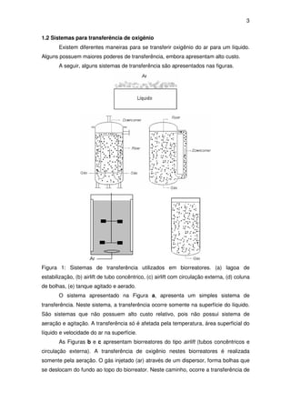 3
1.2 Sistemas para transferência de oxigênio
Existem diferentes maneiras para se transferir oxigênio do ar para um líquido.
Alguns possuem maiores poderes de transferência, embora apresentam alto custo.
A seguir, alguns sistemas de transferência são apresentados nas figuras.
Figura 1: Sistemas de transferência utilizados em biorreatores. (a) lagoa de
estabilização, (b) airlift de tubo concêntrico, (c) airlift com circulação externa, (d) coluna
de bolhas, (e) tanque agitado e aerado.
O sistema apresentado na Figura a, apresenta um simples sistema de
transferência. Neste sistema, a transferência ocorre somente na superfície do líquido.
São sistemas que não possuem alto custo relativo, pois não possui sistema de
aeração e agitação. A transferência só é afetada pela temperatura, área superficial do
líquido e velocidade do ar na superfície.
As Figuras b e c apresentam biorreatores do tipo airlift (tubos concêntricos e
circulação externa). A transferência de oxigênio nestes biorreatores é realizada
somente pela aeração. O gás injetado (ar) através de um dispersor, forma bolhas que
se deslocam do fundo ao topo do biorreator. Neste caminho, ocorre a transferência de
 