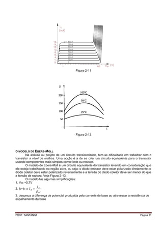 Figura 2-11




                                            Figura 2-12




O MODELO DE EBERS-MOLL
        Na análise ou projeto de um circuito transistorizado, tem-se dificuldade em trabalhar com o
transistor a nível de malhas. Uma opção é a de se criar um circuito equivalente para o transistor
usando componentes mais simples como fonte ou resistor.
        O modelo de Ebers-Moll é um circuito equivalente do transistor levando em consideração que
ele esteja trabalhando na região ativa, ou seja: o diodo emissor deve estar polarizado diretamente; o
diodo coletor deve estar polarizado reversamente e a tensão do diodo coletor deve ser menor do que
a tensão de ruptura. Veja Figura 2-13.
        O modelo faz algumas simplificações:
1. VBE =0,7V
                   IE
2. IC=IE  I B 
                    CC
3. despreza a diferença de potencial produzida pela corrente de base ao atravessar a resistência de
espalhamento da base




PROF. SANTANNA                                                                              Página 11
 