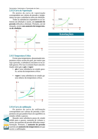 Termometria, Calorimetria e Transmissão de Calor
p

2.15.2 Curva de Vaporização
Os pontos da curva de vaporização
correspondem aos valores de pressão e temperatura em que a substância entra em ebulição.
Todas as substâncias expandem-se ao entrarem em ebulição e assim, um aumento de
pressão dificulta a ebulição. Portanto, em tal
situação, ocorre um aumento da temperatura de ebulição.

p2

Sólido

Gasoso

p1
0

θ1

θ2

p

Anotações
p2
Líquido
p1

Gasoso
T

0

θ2

θ1

θ

2.15.3 Temperatura Crítica
Existe uma temperatura, denominada temperatura crítica acima da qual, por maior que
seja a pressão, a substância encontra-se no estado gasoso. Por isso é costume fazer uma distinção entre gás e gás e vapor:
• gás é uma substância no estado gasoso, acima da temperatura crítica.
• vapor é uma substância no estado gasoso abaixo da temperatura crítica.
p

Líquido
pc
Sólido
Gasoso
θc

θ

2.15.4 Curva de sublimação
Os pontos da curva de sublimação
correspondem aos valores de pressão e temperatura em que podem ficar em equilíbrio os
estados sólido e gasoso.
Quando uma substância passa do estado
18 sólido para o gasoso, aumenta de volume e,
assim, um aumento de pressão dificulta a transformação. Portanto, o aumento de pressão
acarreta um aumento da temperatura em que
ocorre a sublimação.

θ

 