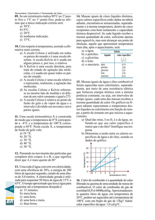 Termometria, Calorimetria e Transmissão de Calor

10. Com respeito à temperatura, assinale a afirmativa mais correta:
a) A escala Celsius é utilizada em todos
os países do mundo e é uma escala absoluta. A escala Kelvin só é usada em
alguns países e, por isso, é relativa.
b) A Kelvin é uma escala absoluta, pois
trata do estado de agitação das moléculas, e é usada em quase todos os países do mundo.
c) A escala Celsius é uma escala relativa
e representa, realmente, a agitação das
moléculas.
d) As escalas Celsius e Kelvin referemse ao mesmo tipo de medida e só diferem de um valor constante e igual a 273.
e) A escala Celsius é relativa ao ponto de
fusão do gelo e de vapor da água e o
intervalo é dividido em noventa e nove
partes iguais.
11. Uma escala termométrica X é construída
de modo que a temperatura de 0°X corresponde a –4°F, e a temperatura de 100°X corresponde a 68°F. Nesta escala X, a temperatura
de fusão do gelo vale:
a) 10 °X.
b) 20 °X.
c) 30 °X.
d) 40 °X.
e) 50 °X.
12. Pensando no movimento das partículas que
compõem dois corpos A e B, o que significa
dizer que A é mais quente do B?
13. Uma roda d’água converte em eletricidade,
com uma eficiência de 30%, a energia de 200
litros de água por segundo, caindo de uma altura de 5,0 metros. A eletricidade gerada é utilizada para esquentar 50 litros de água de 15°C a
65°C. O tempo aproximado que leva a água para
esquentar até a temperatura desejada é:
28
a) 15 minutos.
b) meia hora.
c) uma hora.
d) uma hora e meia.
e) duas horas.

14. Massas iguais de cinco líquidos distintos,
cujos calores específicos estão dados na tabela
adiante, encontram-se armazenadas, separadamente e à mesma temperatura, dentro de cinco
recipientes com bom isolamento e capacidade
térmica desprezível. Se cada líquido receber a
mesma quantidade de calor, suficiente apenas
para aquecê-lo, mas sem alcançar seu ponto de
ebulição, aquele que apresentará temperatura
mais alta, após o aquecimento, será:
a) a água.
Tabela
b) o petróleo.
líquido
calor específico
c) a glicerina.
 J 


g C
d) o leite.
4,19
e) o mercúrio. água
o

petróleo
glicerina
leite
mercúrio

2,09
2,43
3,93
0,14

15. Massas iguais de água e óleo combustível
foram aquecidas num calorímetro, separadamente, por meio de uma resistência elétrica
que forneceu energia térmica com a mesma
potência constante, ou seja, em intervalos de
tempo iguais, cada uma das massas recebeu a
mesma quantidade de calor. Os gráficos na figura adiante representam a temperatura desses líquidos no calorímetro em função do tempo, a partir do instante em que iniciou o aquecimento.
a) Qual das retas, I ou II, é a da água, sabendo-se que seu calor específico é
maior que o do óleo? Justifique sua resposta.
b) Determine a razão entre os calores específicos da água e do óleo, usando os
dados do gráfico.
I

25
temperatura (oC)

09. Se um termômetro indica 99°C no 2.° ponto fixo e 1°C no 1° ponto fixo, pode-se afirmar que a única indicação correta será:
a) 50°C.
b) 0°C.
c) 20°C.
d) nenhuma indicação.
e) 15°C.

20
15

II

10
5
0

0

1

2

3

4
5
temperatura (min)

16. Calor de combustão é a quantidade de calor
liberada na queima de uma unidade de massa do
combustível. O calor de combustão do gás de
cozinha(GLP) é 6000kcal/kg. Aproximadamente quantos litros de água, em temperatura de
20°C, podem ser aquecidos até a temperatura de
100°C com um bujão de gás de 13kg? Adote:
calor específico da água: 1,0 cal/g°C.

 