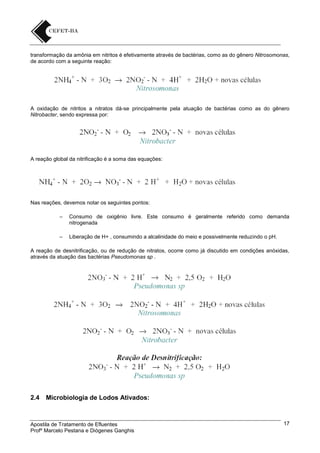 transformação da amônia em nitritos é efetivamente através de bactérias, como as do gênero Nitrosomonas,
de acordo com a seguinte reação:

A oxidação de nitritos a nitratos dá-se principalmente pela atuação de bactérias como as do gênero
Nitrobacter, sendo expressa por:

A reação global da nitrificação é a soma das equações:

Nas reações, devemos notar os seguintes pontos:
–

Consumo de oxigênio livre. Este consumo é geralmente referido como demanda
nitrogenada

–

Liberação de H+ , consumindo a alcalinidade do meio e possivelmente reduzindo o pH.

A reação de desnitrificação, ou de redução de nitratos, ocorre como já discutido em condições anóxidas,
através da atuação das bactérias Pseudomonas sp .

2.4

Microbiologia de Lodos Ativados:

Apostila de Tratamento de Efluentes
Profº Marcelo Pestana e Diógenes Ganghis

17

 