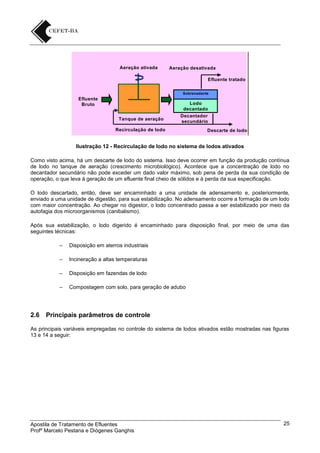Aeração ativada

Aeração desativada
Efluente tratado
Sobrenadante

Efluente
Bruto
Tanque de aeração

Lodo
decantado
Decantador
secundário

Recirculação de lodo

Descarte de lodo

Ilustração 12 - Recirculação de lodo no sistema de lodos ativados
Como visto acima, há um descarte de lodo do sistema. Isso deve ocorrer em função da produção contínua
de lodo no tanque de aeração (crescimento microbiológico). Acontece que a concentração de lodo no
decantador secundário não pode exceder um dado valor máximo, sob pena de perda da sua condição de
operação, o que leva à geração de um efluente final cheio de sólidos e à perda da sua especificação.
O lodo descartado, então, deve ser encaminhado a uma unidade de adensamento e, posteriormente,
enviado a uma unidade de digestão, para sua estabilização. No adensamento ocorre a formação de um lodo
com maior concentração. Ao chegar no digestor, o lodo concentrado passa a ser estabilizado por meio da
autofagia dos microorganismos (canibalismo).
Após sua estabilização, o lodo digerido é encaminhado para disposição final, por meio de uma das
seguintes técnicas:
–
–

Incineração a altas temperaturas

–

Disposição em fazendas de lodo

–

2.6

Disposição em aterros industriais

Compostagem com solo, para geração de adubo

Principais parâmetros de controle

As principais variáveis empregadas no controle do sistema de lodos ativados estão mostradas nas figuras
13 e 14 a seguir:

Apostila de Tratamento de Efluentes
Profº Marcelo Pestana e Diógenes Ganghis

25

 