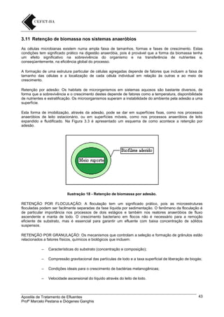 3.11 Retenção de biomassa nos sistemas anaeróbios
As células microbianas existem numa ampla faixa de tamanhos, formas e fases de crescimento. Estas
condições tem significado prático na digestão anaeróbia, pois é provável que a forma da biomassa tenha
um efeito significativo na sobrevivência do organismo e na transferência de nutrientes e,
conseqüentemente, na eficiência global do processo.
A formação de uma estrutura particular de células agregadas depende de fatores que incluem a faixa de
tamanho das células e a localização de cada célula individual em relação às outras e ao meio de
crescimento.
Retenção por adesão: Os habitats de microrganismos em sistemas aquosos são bastante diversos, de
forma que a sobrevivência e o crescimento destes depende de fatores como a temperatura, disponibilidade
de nutrientes e estratificação. Os microorganismos superam a instabilidade do ambiente pela adesão a uma
superfície.
Esta forma de imobilização, através da adesão, pode se dar em superfícies fixas, como nos processos
anaeróbios de leito estacionário, ou em superfícies móveis, como nos processos anaeróbios de leito
expandido e fluidificado. Na Figura 3.3 é apresentado um esquema de como acontece a retenção por
adesão.

Ilustração 18 - Retenção de biomassa por adesão.
RETENÇÃO POR FLOCULAÇÃO: A floculação tem um significado prático, pois as microestruturas
floculadas podem ser facilmente separadas da fase líquida por sedimentação. O fenômeno da floculação é
de particular importância nos processos de dois estágios e também nos reatores anaeróbios de fluxo
ascendente e manta de lodo. O crescimento bacteriano em flocos não é necessário para a remoção
eficiente de substrato, mas é essencial para garantir um efluente com baixa concentração de sólidos
suspensos.
RETENÇÃO POR GRANULAÇÃO: Os mecanismos que controlam a seleção e formação de grânulos estão
relacionados a fatores físicos, químicos e biológicos que incluem:
–

Características do substrato (concentração e composição);

–

Compressão gravitacional das partículas de lodo e a taxa superficial de liberação de biogás;

–

Condições ideais para o crescimento de bactérias metanogênicas;

–

Velocidade ascensional do líquido através do leito de lodo.

Apostila de Tratamento de Efluentes
Profº Marcelo Pestana e Diógenes Ganghis

43

 