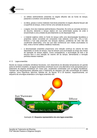 –

–

os óleos, graxas e outros materiais mais leves presentes no esgoto afluente flutuam até
a superfície do tanque, vindo a formar uma camada de escuma;

–

o esgoto, livre dos materiais sedimentáveis e flutuantes, flui entre as camadas de lodo e
de escuma, deixando o tanque séptico em sua extremidade oposta, de onde é
encaminhado à uma unidade de pós-tratamento ou de disposição final;

–

o material orgânico retido no fundo do tanque sofre uma decomposição facultativa e
anaeróbia, sendo convertido em compostos mais estáveis como CO 2, CH4 e H2S.
Embora o H2S seja produzido nos tanques sépticos, problemas de odor não são
usualmente observados, uma vez que este combina-se com metais acumulados no
lodo, vindo a formar sulfetos metálicos insolúveis;

–

4.1.3

os sólidos sedimentáveis presentes no esgoto afluente vão ao fundo do tanque,
passando a constituir uma camada de lodo;

a decomposição anaeróbia proporciona uma redução contínua do volume de lodo
depositado no fundo do tanque, mas há sempre uma acumulação ao longo dos meses
de operação do tanque séptico. Como conseqüência, a acumulação de lodo e de
escuma leva a uma redução do volume útil do tanque, demandando a remoção
periódica desses materiais.

Lagoa anaeróbia

Devido às nossas condições climáticas favoráveis, com observância de elevadas temperaturas em grande
parte do território brasileiro, as lagoas anaeróbias constituem-se em uma alternativa muito apropriada para o
tratamento de esgotos domésticos em nosso país, usualmente combinadas com as lagoas facultativas.
Também são frequentemente utilizadas para o tratamento de despejos com alta concentração de matéria
orgânica, como frigoríficos, laticínios, bebidas etc. As figuras 19 e 20 ilustram, respectivamente, um
esquema de uma lagoa anaeróbia e uma lagoa anaeróbia real.

Ilustração 20 -Esquema representativo de uma lagoa anaeróbia

Apostila de Tratamento de Efluentes
Profº Marcelo Pestana e Diógenes Ganghis

49

 