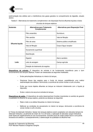 sedimentação dos sólidos sem a interferência dos gases gerados no compartimento de digestão, situado
abaixo.
Tabela 5 - Alternativas de tratamento complementar e de disposição final de efluentes líquidos e lodos
oriundos de tanques sépticos
Substrato

Alternativas para Tratamento
Complementar

Alternativas para Disposição Final

Filtro anaeróbio

Sumidouro

Filtro aeróbio

Vala de filtração

Filtro de areia

Sistema público simplificado

Vala de filtração

Corpo d’água receptor

Efluente líquido

Escoamento superficial
Desinfecção
Digestor
Lodo

Aterro sanitário

Leito de secagem

Campo agrícola

Estação de tratamento de esgotos
Dispositivos de entrada: O dispositivo de entrada é de fundamental importância para o bom
funcionamento dos tanques sépticos. Podem ser destacadas as seguintes finalidades:
–

Evitar perturbações hidráulicas no interior do tanque;

–

Direcionar fluxos dos esgotos para o fundo do tanque, possibilitando uma melhor
sedimentação dos sólidos e diminuindo a ocorrência de zonas mortas e curto circuitos;

–

Evitar que novos dejetos afluentes ao tanque se misturem diretamente com o líquido já
depurado;

–

Evitar o retorno de escuma à entrada do tanque;

Dispositivos de saída: O dispositivos de saída desempenham funções importantes no sentido de garantir
a qualidade do efluente do tanque séptico, podendo-se destacar as seguintes:
–

Reter o lodo e os sólidos flutuantes no interior do tanque;

–

Melhorar as condições de escoamento no interior do tanque, diminuindo a ocorrência de
zonas mortas e curto circuitos.

b) Tempo de detenção hidráulica: Apesar dos tanques sépticos serem projetados com elevados tempos de
detenção hidráulica, usualmente da ordem de 12 a 24 horas, a aplicação de elevadas cargas hidráulicas
pode repercutir negativamente em seu funcionamento. Grandes picos de vazão podem levar à uma perda
excessiva de sólidos e, conseqüentemente, à deterioração da qualidade do efluente final.

Apostila de Tratamento de Efluentes
Profº Marcelo Pestana e Diógenes Ganghis

59

 