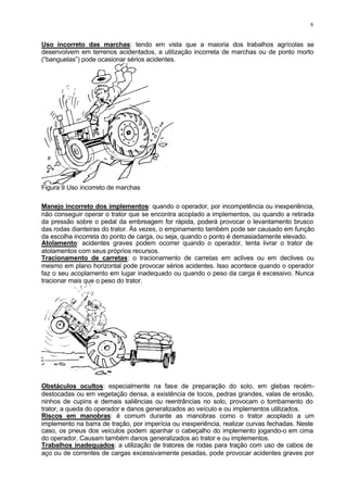 8
Uso incorreto das marchas: tendo em vista que a maioria dos trabalhos agrícolas se
desenvolvem em terrenos acidentados, a utilização incorreta de marchas ou de ponto morto
(“banguelas”) pode ocasionar sérios acidentes.
Figura 9 Uso incorreto de marchas
Manejo incorreto dos implementos: quando o operador, por incompetência ou inexperiência,
não conseguir operar o trator que se encontra acoplado a implementos, ou quando a retirada
da pressão sobre o pedal da embreagem for rápida, poderá provocar o levantamento brusco
das rodas dianteiras do trator. Às vezes, o empinamento também pode ser causado em função
da escolha incorreta do ponto de carga, ou seja, quando o ponto é demasiadamente elevado.
Atolamento: acidentes graves podem ocorrer quando o operador, tenta livrar o trator de
atolamentos com seus próprios recursos.
Tracionamento de carretas: o tracionamento de carretas em aclives ou em declives ou
mesmo em plano horizontal pode provocar sérios acidentes. Isso acontece quando o operador
faz o seu acoplamento em lugar inadequado ou quando o peso da carga é excessivo. Nunca
tracionar mais que o peso do trator.
Obstáculos ocultos: especialmente na fase de preparação do solo, em glebas recém-
destocadas ou em vegetação densa, a existência de tocos, pedras grandes, valas de erosão,
ninhos de cupins e demais saliências ou reentrâncias no solo, provocam o tombamento do
trator, a queda do operador e danos generalizados ao veículo e ou implementos utilizados.
Riscos em manobras: é comum durante as manobras como o trator acoplado a um
implemento na barra de tração, por imperícia ou inexperiência, realizar curvas fechadas. Neste
caso, os pneus dos veículos podem apanhar o cabeçalho do implemento jogando-o em cima
do operador. Causam também danos generalizados ao trator e ou implementos.
Trabalhos inadequados: a utilização de tratores de rodas para tração com uso de cabos de
aço ou de correntes de cargas excessivamente pesadas, pode provocar acidentes graves por
 