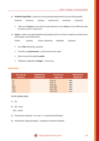 TRE/RS – Português – Prof. Carlos Zambeli
www.acasadoconcurseiro.com.br 119
2.	 Pretérito imperfeito – expressa um fato passado dependente de outro fato passado.
Cantasse cantasses cantasse cantássemos cantásseis cantassem
•• “Mas se eu ficasse ao seu lado de nada adiantaria. Se eu fosse um cara diferente sabe
lá como eu seria.” (Engenheiros)
3.	 Futuro – indica uma ação hipotética que poderá ocorrer no futuro. Expressa um fato futuro
relacionado a outro fato futuro.
Cantar		 cantares	 cantar	 cantarmos	 cantardes	 cantarem
•• Se eu fizer 18 acertos, passarei.
•• Se vocês se concentrarem, a aula termina mais cedo!
•• Disse-me que fará quando puder.
•• “Quando o segundo sol chegar...” (Nando Reis)
Imperativo
Presente do
indicativo
IMPERATIVO
AFIRMATIVO
Presente do
subjuntivo
IMPERATIVO
NEGATIVO
EU
TU
ELE
NÓS
VÓS
ELES
QUE EU
QUE TU
QUE ELE
QUE NÓS
QUE VÓS
QUE ELES
NÃO
NÃO
NÃO
NÃO
NÃO
NAO
DICAS ZAMBELIANAS
1.	 EU
2.	 Ele = você
Eles = vocês
3.	 Presente do indicativo = tu e vós – S = Imperativo Afirmativo
4.	 Presente do subjuntivo (Que) – completa o restante da tabela.
 