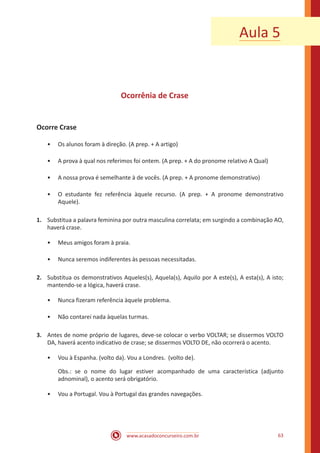 www.acasadoconcurseiro.com.br 63
Ocorrênia de Crase
Ocorre Crase
•• Os alunos foram à direção. (A prep. + A artigo)
•• A prova à qual nos referimos foi ontem. (A prep. + A do pronome relativo A Qual)
•• A nossa prova é semelhante à de vocês. (A prep. + A pronome demonstrativo)
•• O estudante fez referência àquele recurso. (A prep. + A pronome demonstrativo
Aquele).
1.	 Substitua a palavra feminina por outra masculina correlata; em surgindo a combinação AO,
haverá crase.
•• Meus amigos foram à praia.
•• Nunca seremos indiferentes às pessoas necessitadas.
2.	 Substitua os demonstrativos Aqueles(s), Aquela(s), Aquilo por A este(s), A esta(s), A isto;
mantendo-se a lógica, haverá crase.
•• Nunca fizeram referência àquele problema.
•• Não contarei nada àquelas turmas.
3.	 Antes de nome próprio de lugares, deve-se colocar o verbo VOLTAR; se dissermos VOLTO
DA, haverá acento indicativo de crase; se dissermos VOLTO DE, não ocorrerá o acento.
•• Vou à Espanha. (volto da). Vou a Londres. (volto de).
Obs.: se o nome do lugar estiver acompanhado de uma característica (adjunto
adnominal), o acento será obrigatório.
•• Vou a Portugal. Vou à Portugal das grandes navegações.
Aula 5
 
