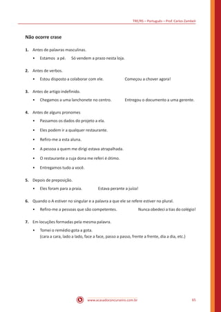 TRE/RS – Português – Prof. Carlos Zambeli
www.acasadoconcurseiro.com.br 65
Não ocorre crase
1.	 Antes de palavras masculinas.
•• Estamos a pé.	 Só vendem a prazo nesta loja.
2.	 Antes de verbos.
•• Estou disposto a colaborar com ele.		 Começou a chover agora!
3.	 Antes de artigo indefinido.
•• Chegamos a uma lanchonete no centro.	 Entregou o documento a uma gerente.
4.	 Antes de alguns pronomes
•• Passamos os dados do projeto a ela.
•• Eles podem ir a qualquer restaurante.
•• Refiro-me a esta aluna.
•• A pessoa a quem me dirigi estava atrapalhada.
•• O restaurante a cuja dona me referi é ótimo.
•• Entregamos tudo a você.
5.	 Depois de preposição.
•• Eles foram para a praia.		 Estava perante a juíza!
6.	 Quando o A estiver no singular e a palavra a que ele se refere estiver no plural.
•• Refiro-me a pessoas que são competentes.		 Nunca obedeci a tias do colégio!
7.	 Em locuções formadas pela mesma palavra.
•• Tomei o remédio gota a gota.
(cara a cara, lado a lado, face a face, passo a passo, frente a frente, dia a dia, etc.)
 