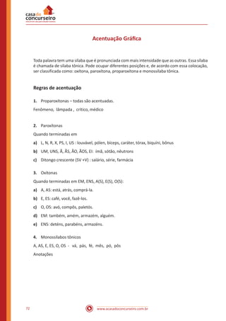 www.acasadoconcurseiro.com.br72
Acentuação Gráfica
Toda palavra tem uma sílaba que é pronunciada com mais intensidade que as outras. Essa sílaba
é chamada de sílaba tônica. Pode ocupar diferentes posições e, de acordo com essa colocação,
ser classificada como: oxítona, paroxítona, proparoxítona e monossílaba tônica.
Regras de acentuação
1.	 Proparoxítonas – todas são acentuadas.
Fenômeno, lâmpada , crítico, médico
2.	 Paroxítonas
Quando terminadas em
a)	 L, N, R, X, PS, I, US : louvável, pólen, bíceps, caráter, tórax, biquíni, bônus
b)	 UM, UNS, Ã, ÃS, ÃO, ÃOS, EI: ímã, sótão, nêutrons  
c)	 Ditongo crescente (SV +V) : salário, série, farmácia
3.	 Oxítonas
Quando terminadas em EM, ENS, A(S), E(S), O(S):
a)	 A, AS: está, atrás, comprá-la.  
b)	 E, ES: café, você, fazê-los.
c)	 O, OS: avó, compôs, paletós.
d)	 EM: também, amém, armazém, alguém.  
e)	 ENS: deténs, parabéns, armazéns.   
4.	 Monossílabos tônicos
A, AS, E, ES, O, OS - vá, pás, fé, mês, pó, pôs
Anotações
 