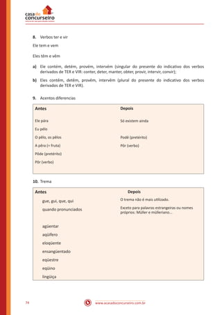 www.acasadoconcurseiro.com.br74
8.	 Verbos ter e vir
Ele tem e vem
Eles têm e vêm
a)	 Ele contém, detém, provém, intervém (singular do presente do indicativo dos verbos
derivados de TER e VIR: conter, deter, manter, obter, provir, intervir, convir);
b)	 Eles contêm, detêm, provêm, intervêm (plural do presente do indicativo dos verbos
derivados de TER e VIR).
9.	 Acentos diferencias
Antes
Ele pára
Eu pélo
O pêlo, os pêlos
A pêra (= fruta)
Pôde (pretérito)
Pôr (verbo)
Depois
Só existem ainda
Podê (pretérito)
Pôr (verbo)
10.	Trema
Antes
gue, gui, que, qui
quando pronunciados
agüentar
aqüífero
eloqüente
ensangüentado
eqüestre
eqüino
lingüiça
Depois
O trema não é mais utilizado.
Exceto para palavras estrangeiras ou nomes
próprios: Müller e mülleriano...
 