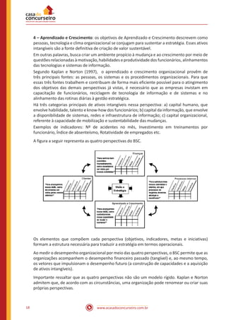 www.acasadoconcurseiro.com.br18
4 – Aprendizado e Crescimento: os objetivos de Aprendizado e Crescimento descrevem como
pessoas, tecnologia e clima organizacional se conjugam para sustentar a estratégia. Esses ativos
intangíveis são a fonte definitiva de criação de valor sustentável.
Em outras palavras, busca criar um ambiente propício à mudança e ao crescimento por meio de
questões relacionadas à motivação, habilidades e produtividade dos funcionários, alinhamentos
das tecnologias e sistemas de informação.
Segundo Kaplan e Norton (1997), o aprendizado e crescimento organizacional provêm de
três principais fontes: as pessoas, os sistemas e os procedimentos organizacionais. Para que
essas três fontes trabalhem e contribuam de forma mais eficiente possível para o atingimento
dos objetivos das demais perspectivas já vistas, é necessário que as empresas invistam em
capacitação de funcionários, reciclagem de tecnologia de informação e de sistemas e no
alinhamento das rotinas diárias à gestão estratégica.
Há três categorias principais de ativos intangíveis nessa perspectiva: a) capital humano, que
envolve habilidade, talento e know-how dos funcionários; b) capital da informação, que envolve
a disponibilidade de sistemas, redes e infraestrutura de informação; c) capital organizacional,
referente à capacidade de mobilização e sustentabilidade das mudanças.
Exemplos de indicadores: Nº de acidentes no mês, Investimento em treinamentos por
funcionário, Índice de absenteísmo, Rotatividade de empregados etc.
A figura a seguir representa as quatro perspectivas do BSC.
Os elementos que compõem cada perspectiva (objetivos, indicadores, metas e iniciativas)
formam a estrutura necessária para traduzir a estratégia em termos operacionais.
Ao medir o desempenho organizacional por meio das quatro perspectivas, o BSC permite que as
organizações acompanhem o desempenho financeiro passado (tangível) e, ao mesmo tempo,
os vetores que impulsionam o desempenho futuro (a construção de capacidades e a aquisição
de ativos intangíveis).
Importante ressaltar que as quatro perspectivas não são um modelo rígido. Kaplan e Norton
admitem que, de acordo com as circunstâncias, uma organização pode renomear ou criar suas
próprias perspectivas.
 