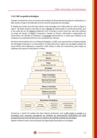 TRE/RS – Administração – Prof. Rafael Ravazolo
www.acasadoconcurseiro.com.br 19
1.3.2. BSC na gestão estratégica
Tratado inicialmente como um sistema de medição de desempenho baseado em indicadores, o
BSC evoluiu e hoje é considerado uma ferramenta de gestão da estratégia.
A relação da missão, da visão, dos valores e da estratégia com o BSC pode ser vista na figura a
seguir. No bloco superior, percebe-se que a Missão da organização é o ponto de partida, pois
é sua razão de ser. Os Valores colaboram com a missão e, assim como ela, são mais estáveis
ao longo do tempo. A Visão é temporal e focada no futuro, colocando a organização em
movimento, em direção a mudanças. A Estratégia desenvolve-se e evolui para adaptar-se às
mudanças no ambiente externo e nas competências internas.
No bloco intermediário tem-se o Mapa Estratégico e o BSC, que representam a implementação
da estratégia (tradução e a mensuração). O mapa descreve a lógica da estratégia (relação de
causa-efeito entre objetivos), enquanto o BSC coloca a visão em movimento, pois traduz os
objetivos do mapa em indicadores e metas.
Missão
Por que existimos
Valores
O que é importante para nós
Visão
O que queremos ser
Estratégia
Nosso plano de jogo ou plano de vôo
Mapa estratégico
Traduz a estratégia
Balanced Scorecard
Mensuração e foco
Metas e iniciativas
O que precisamos fazer
Objetivos pessoais
O que preciso fazer
Resultados Estratégicos
Acionistas
satisfeitos
Clientes
encantados
Processos
eﬁcientes e
eﬁcazes
Colaboradores
motivados e
preparados
⇩
Conclui-se, a partir da análise das duas figuras anteriores, que o BSC traduz a missão e a
estratégia num conjunto abrangente de medidas de desempenho (indicadores de cada
perspectiva) que serve de base para um sistema de medição e gestão da estratégia.
Kaplan e Norton citam cinco princípios da organização focalizada na estratégia:
 