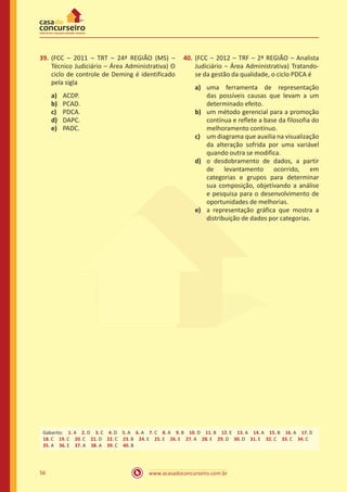 www.acasadoconcurseiro.com.br56
39.	(FCC – 2011 – TRT – 24ª REGIÃO (MS) –
Técnico Judiciário – Área Administrativa) O
ciclo de controle de Deming é identificado
pela sigla
a)	 ACDP.
b)	 PCAD.
c)	 PDCA.
d)	 DAPC.
e)	 PADC.
40.	(FCC – 2012 – TRF – 2ª REGIÃO – Analista
Judiciário – Área Administrativa) Tratando-
se da gestão da qualidade, o ciclo PDCA é
a)	 uma ferramenta de representação
das possíveis causas que levam a um
determinado efeito.
b)	 um método gerencial para a promoção
contínua e reflete a base da filosofia do
melhoramento contínuo.
c)	 um diagrama que auxilia na visualização
da alteração sofrida por uma variável
quando outra se modifica.
d)	 o desdobramento de dados, a partir
de levantamento ocorrido, em
categorias e grupos para determinar
sua composição, objetivando a análise
e pesquisa para o desenvolvimento de
oportunidades de melhorias.
e)	 a representação gráfica que mostra a
distribuição de dados por categorias.
Gabarito: 1. A 2. D 3. C 4. D 5. A 6. A 7. C 8. A 9. B 10. D 11. B 12. E 13. A 14. A 15. B 16. A 17. D
18. C 19. C 20. C 21. D 22. C 23. B 24. E 25. E 26. E 27. A 28. E 29. D 30. D 31. E 32. C 33. C 34. C
35. A 36. E 37. A 38. A 39. C 40. B
 