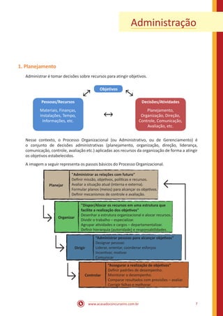 www.acasadoconcurseiro.com.br 7
Administração
1. Planejamento
Administrar é tomar decisões sobre recursos para atingir objetivos.
Nesse contexto, o Processo Organizacional (ou Administrativo, ou de Gerenciamento) é
o conjunto de decisões administrativas (planejamento, organização, direção, liderança,
comunicação, controle, avaliação etc.) aplicadas aos recursos da organização de forma a atingir
os objetivos estabelecidos.
A imagem a seguir representa os passos básicos do Processo Organizacional.
Planejar
"Administrar as relações com futuro"
Deﬁnir missão, objetivos, políticas e recursos.
Avaliar a situação atual (interna e externa).
Formular planos (meios) para alcançar os objetivos.
Deﬁnir mecanismos de controle e avaliação.
Organizar
"Dispor/Alocar os recursos em uma estrutura que
facilite a realização dos objetivos"
Desenhar a estrutura organizacional e alocar recursos.
Dividir o trabalho – especializar.
Agrupar atividades e cargos – departamentalizar.
Deﬁnir hierarquia (autoridade) e responsabilidades.
Dirigir
“Administrar pessoas para alcançar objetivos”
Designar pessoas
Liderar, orientar, coordenar esforços
Incentivar, motivar
Comunicar
Controlar
“Assegurar a realização de objetivos”
Deﬁnir padrões de desempenho.
Monitorar o desempenho.
Comparar resultados com previsões – avaliar.
Corrigir falhas e melhorar.
←
→
→
→
Objetivos
Pessoas/Recursos
Materiais, Finanças,
Instalações, Tempo,
Informações, etc.
Decisões/Atividades
Planejamento,
Organização, Direção,
Controle, Comunicação,
Avaliação, etc.
↔
↔
↔
 