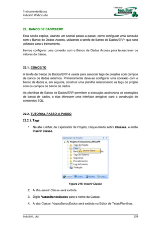 Treinamento Básico
InduSoft Web Studio
InduSoft, Ltd. 139
22. BANCO DE DADOS/ERP
Esta seção explica, usando um tutorial passo-a-passo, como configurar uma conexão
com o Banco de Dados Access, utilizando a tarefa de Banco de Dados/ERP, que será
utilizado para o treinamento.
Iremos configurar uma conexão com o Banco de Dados Access para ler/escrever os
valores do Banco.
22.1. CONCEITO
A tarefa de Banco de Dados/ERP é usada para associar tags de projetos com campos
de banco de dados externos. Primeiramente deve-se configurar uma conexão com o
banco de dados e, em seguida, construir uma planilha relacionando as tags do projeto
com os campos de banco de dados.
As planilhas de Banco de Dados/ERP permitem a execução assíncrona de operações
de banco de dados, e elas oferecem uma interface amigável para a construção de
comandos SQL.
22.2. TUTORIAL PASSO-A-PASSO
22.2.1. Tags
1. Na aba Global, do Explorador de Projeto, Clique-direito sobre Classes, e então
Inserir Classe.
Figura 216: Inserir Classe
2. A aba Inserir Classe será exibida.
3. Digite VazaoBancoDados para o nome da Classe.
4. A aba Classe: VazaoBancoDados será exibida no Editor de Telas/Planilhas.
 