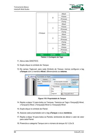 Treinamento Básico
InduSoft Web Studio
88 Indusoft, Ltd.
cTanque
0
rNivel
rVazao
rPressao
rTemp
1
rNivel
rVazao
rPressao
rTemp
2
rNivel
rVazao
rPressao
rTemp
3
rNivel
rVazao
rPressao
rTemp
TAG VETOR MEMBRO
Tabela 3: Contagem de Tags
11. Abra a tela SINOTICO.
12. Duplo-clique no símbolo de Tanque.
13. No campo TagLevel, para cada Símbolo de Tanque, iremos configurar a tag
cTanque com o membro rNivel, diferenciando os vetores.
Figura 119: Propriedade do Tanque
14. Repita a etapa 13 para todos os Tanques. Teremos as Tags cTanque[0].rNivel,
cTanque[1].rNivel, cTanque[2].rNivel e cTanque[3].rNivel.
15. Duplo-clique no símbolo de Painel.
16. Associe cada propriedade com a tag cTanque e seus membros.
17. Repita a etapa 16 para todos os Painéis, lembrando de alterar o valor de vetor
para cada Painel.
18. Preencha a categoria Tanque com o número do tanque: 0, 1, 2 e 3.
 