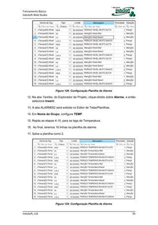 Treinamento Básico
InduSoft Web Studio
InduSoft, Ltd. 95
Figura 128: Configuração Planilha de Alarme
12. Na aba Tarefas, do Explorador de Projeto, clique-direito sobre Alarme, e então
selecione Inserir.
13. A aba ALARM002 será exibida no Editor de Telas/Planilhas.
14. Em Nome do Grupo, configure TEMP.
15. Repita as etapas 4-10, para as tags de Temperatura.
16. Ao final, teremos 16 linhas na planilha de alarme.
17. Salve a planilha como 2.
Figura 129: Configuração Planilha de Alarme
 