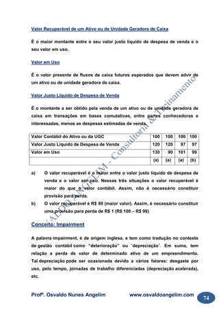 Profº. Osvaldo Nunes Angelim www.osvaldoangelim.com
74
Valor Recuperável de um Ativo ou de Unidade Geradora de Caixa
É o maior montante entre o seu valor justo líquido de despesa de venda e o
seu valor em uso.
Valor em Uso
É o valor presente de fluxos de caixa futuros esperados que devem advir de
um ativo ou de unidade geradora de caixa.
Valor Justo Líquido de Despesa de Venda
É o montante a ser obtido pela venda de um ativo ou de unidade geradora de
caixa em transações em bases comutativas, entre partes conhecedoras e
interessadas, menos as despesas estimadas de venda.
Valor Contábil do Ativo ou da UGC 100 100 100 100
Valor Justo Líquido de Despesa de Venda 120 120 97 97
Valor em Uso 130 90 101 99
(a) (a) (a) (b)
a) O valor recuperável é o maior entre o valor justo líquido de despesa de
venda e o valor em uso. Nessas três situações o valor recuperável é
maior do que o valor contábil. Assim, não é necessário constituir
provisão para perda.
b) O valor recuperável é R$ 99 (maior valor). Assim, é necessário constituir
uma provisão para perda de R$ 1 (R$ 100 – R$ 99)
Conceito: Impairment
A palavra impairment, é de origem inglesa, e tem como tradução no contexto
de gestão contábil como “deterioração” ou “depreciação”. Em suma, tem
relação a perda de valor de determinado ativo de um empreendimento.
Tal depreciação pode ser ocasionada devido a vários fatores: desgaste por
uso, pelo tempo, jornadas de trabalho diferenciadas (depreciação acelerada),
etc.
 