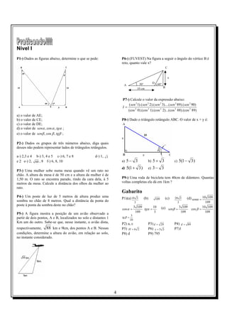 Nível I
P1-) Dados as figuras abaixo, determine o que se pede:                P6-) (FUVEST) Na figura a seguir o ângulo do vértice B é
                                                                      reto, quanto vale x?
                                                                                                               C


                                                                                                                   x

                                                                                         30°      D 60°
                                                                       A
                                                                                        10 cm              B



                                                                      P7-) Calcule o valor da expressão abaixo:
                                                                          ( sen 2 1).( sen 2 2).( sen 2 3)....( sen 2 89).( sen 2 90)
                                                                      I=
                                                                         (cos 2 0).(cos 2 1).(cos 2 2)...(cos 2 88).(cos 2 89)
a) o valor de AE;
b) o valor de CE;                                                     P8-) Dado o triângulo retângulo ABC. O valor de x + y é:
c) o valor de DE;
d) o valor de senα , cos α , tgα ;
e) o valor de senβ , cos β , tgβ ;

P2-) Dados os grupos de três números abaixo, diga quais
desses não podem representar lados de triângulos retângulos.

a-) 2,3 e 4 b-) 3, 4 e 5 c-) 6, 7 e 8                d-) 1,   3
e 2 e-) 2, 60 , 8 f-) 6, 8, 10                                        a) 5 −        3           b) 5 +    3            c) 5(1 −     3)
                                                                      d)   5(1 + 3 )            e) 3 −    3
P3-) Uma mulher sobe numa mesa quando vê um rato no
chão. A altura da mesa é de 50 cm e a altura da mulher é de
1,50 m. O rato se encontra parado, rindo da cara dela, à 5            P9-) Uma roda de bicicleta tem 40cm de diâmtero. Quantas
metros da mesa. Calcule a distância dos olhos da mulher ao            voltas completas ela dá em 1km ?
rato.
                                                                      Gabarito
P4-) Um poste de luz de 5 metros de altura produz uma                 P1)(a) 10 3           (b)                (c)     20 3   (d) senα = 10 109
                                                                                                    109
sombra no chão de 8 metros. Qual a distância da ponta do                            3                                    3                    109
poste à ponta da sombra deste no chão?                                        3 109       10
                                                                      cos α =       tgα =                 (e) senβ = 3 109          cos β =
                                                                                                                                            10 109
                                                                               109         3                          109                     109
P5-) A figura mostra a posição de um avião observado a                          3
partir de dois pontos, A e B, localizados no solo e distantes 1       tg β =
                                                                               10
Km um do outro. Sabe-se que, nesse instante, o avião dista,           P2) a, c                  P3) d = 29             P4) d = 89
respectivamente, 88 km e 9km, dos pontos A e B. Nessas                P5) H = 6 2               P6) x = 5 3            P7)1
condições, determine a altura do avião, em relação ao solo,           P8) d                     P9) 795
no instante considerado.




                                                                  4
 
