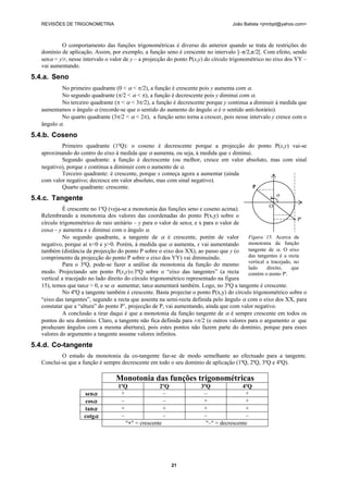REVISÕES DE TRIGONOMETRIA João Batista <jmnbpt@yahoo.com>
21
O comportamento das funções trigonométricas é diverso do anterior quando se trata de restrições do
domínio de aplicação. Assim, por exemplo, a função seno é crescente no intervalo ]–π/2,π/2[. Com efeito, sendo
senα = y/r, nesse intervalo o valor de y – a projecção do ponto P(x,y) do círculo trigonométrico no eixo dos YY –
vai aumentando.
5.4.a. Seno
No primeiro quadrante (0 < α < π/2), a função é crescente pois y aumenta com α.
No segundo quadrante (π/2 < α < π), a função é decrescente pois y diminui com α.
No terceiro quadrante (π < α < 3π/2), a função é decrescente porque y continua a diminuir à medida que
aumentamos o ângulo α (recorde-se que o sentido do aumento do ângulo α é o sentido anti-horário).
No quarto quadrante (3π/2 < α < 2π), a função seno torna a crescer, pois nesse intervalo y cresce com o
ângulo α.
5.4.b. Coseno
Primeiro quadrante (1ºQ): o coseno é decrescente porque a projecção do ponto P(x,y) vai-se
aproximando do centro do eixo à medida que α aumenta, ou seja, à medida que x diminui.
Segundo quadrante: a função é decrescente (ou melhor, cresce em valor absoluto, mas com sinal
negativo), porque x continua a diminuir com o aumento de α.
Terceiro quadrante: é crescente, porque x começa agora a aumentar (ainda
com valor negativo; decresce em valor absoluto, mas com sinal negativo).
Quarto quadrante: crescente.
5.4.c. Tangente
É crescente no 1ºQ (veja-se a monotonia das funções seno e coseno acima).
Relembrando a monotonia dos valores das coordenadas do ponto P(x,y) sobre o
círculo trigonométrico de raio unitário – y para o valor de senα, e x para o valor de
cosα – y aumenta e x diminui com o ângulo α.
No segundo quadrante, a tangente de α é crescente, porém de valor
negativo, porque aí x<0 e y>0. Porém, à medida que α aumenta, x vai aumentando
também (distância da projecção do ponto P sobre o eixo dos XX), ao passo que y (o
comprimento da projecção do ponto P sobre o eixo dos YY) vai diminuindo.
Para o 3ºQ, pode-se fazer a análise da monotonia da função do mesmo
modo. Projectando um ponto P(x,y)∈3ºQ sobre o “eixo das tangentes” (a recta
vertical a tracejado no lado direito do círculo trigonométrico representado na figura
15), temos que tanα > 0, e se α aumentar, tanα aumentará também. Logo, no 3ºQ a tangente é crescente.
No 4ºQ a tangente também é crescente. Basta projectar o ponto P(x,y) do círculo trigonométrico sobre o
“eixo das tangentes”, segundo a recta que assenta na semi-recta definida pelo ângulo α com o eixo dos XX, para
constatar que a “altura” do ponto P’, projecção de P, vai aumentando, ainda que com valor negativo.
A conclusão a tirar daqui é que a monotonia da função tangente de α é sempre crescente em todos os
pontos do seu domínio. Claro, a tangente não fica definida para ±π/2 (e outros valores para o argumento α que
produzam ângulos com a mesma abertura), pois estes pontos não fazem parte do domínio, porque para esses
valores do argumento a tangente assume valores infinitos.
5.4.d. Co-tangente
O estudo da monotonia da co-tangente faz-se de modo semelhante ao efectuado para a tangente.
Conclui-se que a função é sempre decrescente em todo o seu domínio de aplicação (1ºQ, 2ºQ, 3ºQ e 4ºQ).
Monotonia das funções trigonométricas
1ºQ 2ºQ 3ºQ 4ºQ
senα + – – +
cosα – – + +
tanα + + + +
cotgα – – – –
"+" = crescente "–" = decrescente
P
α
O
P'
Figura 15. Acerca da
monotonia da função
tangente de α. O eixo
das tangentes é a recta
vertical a tracejado, no
lado direito, que
contém o ponto P'.
 
