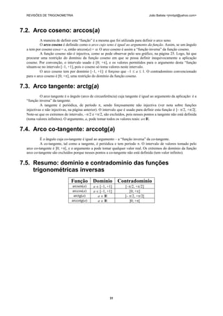 REVISÕES DE TRIGONOMETRIA João Batista <jmnbpt@yahoo.com>
31
7.2. Arco coseno: arccos(a)
A maneira de definir esta “função” é a mesma que foi utilizada para definir o arco seno.
O arco coseno é definido como o arco cujo seno é igual ao argumento da função. Assim, se um ângulo
a tem por coseno cosα = a, então arccos(a) = α. O arco coseno é assim a “função inversa” da função coseno.
A função coseno não é injectiva, como se pode observar pelo seu gráfico, na página 25. Logo, há que
procurar uma restrição do domínio da função coseno em que se possa definir inequivocamente a aplicação
coseno. Por convenção, o intervalo usado é [0; +π], e os valores permitidos para o argumento desta “função
situam-se no intervalo [–1, +1], pois o coseno só toma valores neste intervalo.
O arco coseno tem por domínio [–1, +1]: é forçoso que –1 ≤ a ≤ 1. O contradomínio convencionado
para o arco coseno é [0; +π], uma restrição do domínio da função coseno.
7.3. Arco tangente: arctg(a)
O arco tangente é o ângulo (arco de circunferência) cuja tangente é igual ao argumento da aplicação: é a
“função inversa” da tangente.
A tangente é periódica, de período π, sendo forçosamente não injectiva (ver nota sobre funções
injectivas e não injectivas, na página anterior). O intervalo que é usado para definir esta função é ]– π/2, +π/2[.
Note-se que os extremos do intervalo, –π/2 e +π/2, são excluídos, pois nesses pontos a tangente não está definida
(toma valores infinitos). O argumento, a, pode tomar todos os valores reais: a∈IR.
7.4. Arco co-tangente: arccotg(a)
É o ângulo cuja co-tangente é igual ao argumento – a “função inversa” da co-tangente.
A co-tangente, tal como a tangente, é periódica e tem período π. O intervalo de valores tomado pelo
arco co-tangente é ]0; +π[, e o argumento a pode tomar qualquer valor real. Os extremos do domínio da função
arco co-tangente são excluídos porque nesses pontos a co-tangente não está definida (tem valor infinito).
7.5. Resumo: domínio e contradomínio das funções
trigonométricas inversas
Função Domínio Contradomínio
arcsen(a) a ∈ [–1, +1] [–π/2, +π/2]
arccos(a) a ∈ [–1, +1] [0; +π]
arctg(a) a ∈ IR ]– π/2, +π/2[
arccotg(a) a ∈ IR ]0; +π[
 
