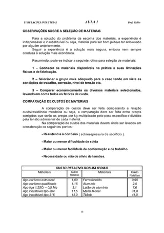 TUBULAÇÕES INDUSTRIAS AULA 1 Prof. Clélio
10
OBSERVAÇÕES SOBRE A SELEÇÃO DE MATERIAIS
Para a solução do problema da escolha dos materiais, a experiência é
indispensável e insubstituível ou seja, material para ser bom já deve ter sido usado
por alguém anteriormente.
Seguir a experiência é a solução mais segura, embora nem sempre
conduza à solução mais econômica.
Resumindo, pode-se indicar a seguinte rotina para seleção de materiais:
1 – Conhecer os materiais disponíveis na prática e suas limitações
físicas e de fabricação.
2 – Selecionar o grupo mais adequado para o caso tendo em vista as
condições de trabalho, corrosão, nível de tensão etc.
3 – Comparar economicamente os diversos materiais selecionados,
levando em conta todos os fatores de custo.
COMPARAÇÃO DE CUSTOS DE MATERIAIS
A comparação de custos deve ser feita comparando a relação
custo/resistência mecânica ou seja, a comparação deve ser feita entre preços
corrigidos que serão os preços por kg multiplicado pelo peso específico e dividido
pela tensão admissível de cada material.
Na comparação de custos dos materiais devem ainda ser levados em
consideração os seguintes pontos:
- Resistência à corrosão ( sobreespessura de sacrifício ).
- Maior ou menor dificuldade de solda
- Maior ou menor facilidade de conformação e de trabalho
- Necessidade ou não de alívio de tensões.
CUSTO RELATIVO DOS MATERIAIS
Materiais Custo
Relativo
Materiais Custo
Relativo
Aço-carbono estrutural 1,00 Ferro fundido 0,95
Aço-carbono qualificado 1,15 Alumínio 2,5
Aço-liga 1,25Cr – 0,5 Mo 3,1 Latão de alumínio 7,6
Aço inoxidável tipo 304 11,5 Metal Monel 31,8
Aço inoxidável tipo 316 15,0 Titânio 41,0
 