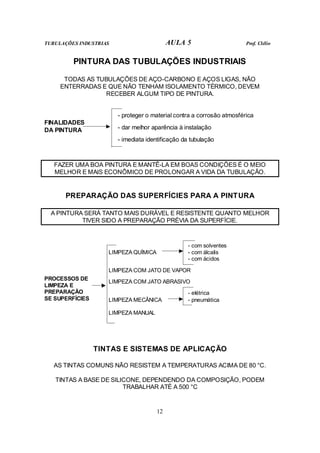 TUBULAÇÕES INDUSTRIAS AULA 5 Prof. Clélio
12
PINTURA DAS TUBULAÇÕES INDUSTRIAIS
TODAS AS TUBULAÇÕES DE AÇO-CARBONO E AÇOS LIGAS, NÃO
ENTERRADAS E QUE NÃO TENHAM ISOLAMENTO TÉRMICO, DEVEM
RECEBER ALGUM TIPO DE PINTURA.
- proteger o material contra a corrosão atmosférica
- dar melhor aparência à instalação
FINALIDADES
DA PINTURA
- imediata identificação da tubulação
FAZER UMA BOA PINTURA E MANTÊ-LA EM BOAS CONDIÇÕES É O MEIO
MELHOR E MAIS ECONÔMICO DE PROLONGAR A VIDA DA TUBULAÇÃO.
PREPARAÇÃO DAS SUPERFÍCIES PARA A PINTURA
A PINTURA SERÁ TANTO MAIS DURÁVEL E RESISTENTE QUANTO MELHOR
TIVER SIDO A PREPARAÇÃO PRÉVIA DA SUPERFÍCIE.
- com solventes
- com álcalis
LIMPEZA QUÍMICA
- com ácidos
LIMPEZA COM JATO DE VAPOR
LIMPEZA COM JATO ABRASIVO
- elétrica
LIMPEZA MECÂNICA - pneumática
PROCESSOS DE
LIMPEZA E
PREPARAÇÃO
SE SUPERFÍCIES
LIMPEZA MANUAL
TINTAS E SISTEMAS DE APLICAÇÃO
AS TINTAS COMUNS NÃO RESISTEM A TEMPERATURAS ACIMA DE 80 °C.
TINTAS A BASE DE SILICONE, DEPENDENDO DA COMPOSIÇÃO, PODEM
TRABALHAR ATÉ A 500 °C
 