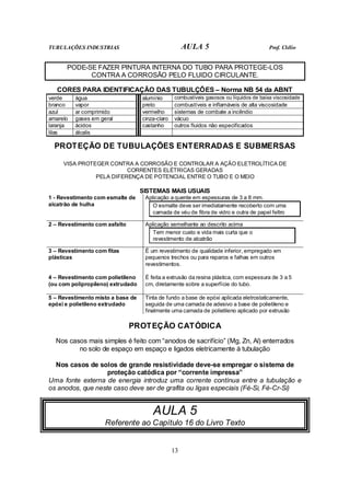 TUBULAÇÕES INDUSTRIAS AULA 5 Prof. Clélio
13
PODE-SE FAZER PINTURA INTERNA DO TUBO PARA PROTEGE-LOS
CONTRA A CORROSÃO PELO FLUIDO CIRCULANTE.
CORES PARA IDENTIFICAÇÃO DAS TUBULÇÕES – Norma NB 54 da ABNT
verde água alumínio combustíveis gasosos ou líquidos de baixa viscosidade
branco vapor preto combustíveis e inflamáveis de alta viscosidade
azul ar comprimido vermelho sistemas de combate a incêndio
amarelo gases em geral cinza-claro vácuo
laranja ácidos castanho outros fluidos não especificados
lilas álcalis
PROTEÇÃO DE TUBULAÇÕES ENTERRADAS E SUBMERSAS
VISA PROTEGER CONTRA A CORROSÃO E CONTROLAR A AÇÃO ELETROLÍTICA DE
CORRENTES ELÉTRICAS GERADAS
PELA DIFERENÇA DE POTENCIAL ENTRE O TUBO E O MEIO
SISTEMAS MAIS USUAIS
1 - Revestimento com esmalte de
alcatrão de hulha
Aplicação a quente em espessuras de 3 a 8 mm.
O esmalte deve ser imediatamente recoberto com uma
camada de véu de fibra de vidro e outra de papel feltro
2 – Revestimento com asfalto Aplicação semelhante ao descrito acima
Tem menor custo e vida mais curta que o
revestimento de alcatrão
3 – Revestimento com fitas
plásticas
É um revestimento de qualidade inferior, empregado em
pequenos trechos ou para reparos e falhas em outros
revestimentos.
4 – Revestimento com polietileno
(ou com polipropileno) extrudado
É feita a extrusão da resina plástica, com espessura de 3 a 5
cm, diretamente sobre a superfície do tubo.
5 – Revestimento misto a base de
epóxi e polietileno extrudado
Tinta de fundo a base de epóxi aplicada eletrostaticamente,
seguida de uma camada de adesivo a base de polietileno e
finalmente uma camada de polietileno aplicado por extrusão
PROTEÇÃO CATÓDICA
Nos casos mais simples é feito com “anodos de sacrifício” (Mg, Zn, Al) enterrados
no solo de espaço em espaço e ligados eletricamente à tubulação
Nos casos de solos de grande resistividade deve-se empregar o sistema de
proteção catódica por “corrente impressa”
Uma fonte externa de energia introduz uma corrente contínua entre a tubulação e
os anodos, que neste caso deve ser de grafita ou ligas especiais (Fé-Si, Fé-Cr-Si)
AULA 5
Referente ao Capítulo 16 do Livro Texto
 