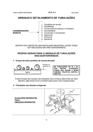 TUBULAÇÕES INDUSTRIAS AULA 6 Prof. Clélio
11
ARRANJO E DETALHAMENTO DE TUBULAÇÕES
CONSIDERAÇÕES
BÁSICAS
1. Condições de serviço
2. Flexibilidade
3. Transmissão de esforços e vibrações
4. Acessibilidade
5. Construção e manutenção
6. Segurança
7. Economia
8. Aparência
DENTRO DOS LIMITES DE UMA INSTALAÇÃO INDUSTRIAL QUASE TODAS
AS TUBULAÇÕES SÃO NÃO-SUBTERRÂNEAS
REGRAS GERAIS PARA O ARRANJO DE TUBULAÇÕES
NÃO-SUBTERRÂNEAS
1 – Grupos de tubos paralelos de mesma elevação
AS TUBULAÇÕES DE Ø > 20”,
POR MOTIVO ECONÔMICO,
PODEM NÃO SEGUIR A REGRA
FAZENDO TRAJETOS CURTOS E
DIRETOS
A determinação dos traçados das tubulações deve começar pelas linhas de maior
diâmetro, pelas linhas tronco e também pelas áreas mais congestionadas.
2 – Tubulações nas direções ortogonais
ELEVAÇÕES DIFERENTES
PARA
DIREÇÕES DIFERENTES
 