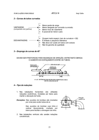 TUBULAÇÕES INDUSTRIAS AULA 6 Prof. Clélio
23
2 – Curvas de tubos curvados
VANTAGENS:
(comparado com joelhos)
• Menor perda de carga
• Menor desgaste por corrosão ou erosão
• Menor risco de vazamento
• É possível ter menor custo
DESVANTAGENS:
• Ocupam muito espaço (raio de curvatura = 5D)
• É limitado a pequenos diâmetros
• Não deve ser usado em tubos com costura
• Não há garantia de qualidade
3 – Emprego de curvas de 45°
DEVEM SER PREFERIDAS PARA MUDANÇAS DE DIREÇÃO, ENTRETANTO OBRIGA
O AUMENTO DO ESPAÇAMENTO ENTRE OS TUBOS.
4 – Tipo de reduções
1. Nas tubulações horizontais são utilizadas
reduções excêntricas, niveladas por baixo para
manter a elevação de fundo.
Exceções: Nas sucções de bombas são niveladas
por cima para evitar bolsa de ar.
Nas sucções de bombas cuja linha é
vertical descendente, nivelada por
baixo para facilitar a drenagem da linha.
2. Nas tubulações verticais são usadas reduções
concêntricas.
 