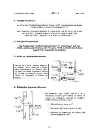 TUBULAÇÕES INDUSTRIAS AULA 6 Prof. Clélio
24
5 – Posição das válvulas
AS VÁLVULAS DEVEM SER MONTADAS COM A HASTE VIRADA PARA CIMA, PARA
EVITAR ACÚMULO DE DETRITOS NO CASTELO.
NAS LINHAS DE SUCÇÃO DE BOMBAS, É PREFERÍVEL QUE AS VÁLVULAS SEJAM
INSTALADAS COM A HASTE HORIZONTAL OU INCLINADA PARA CIMA,
PARA EVITAR A FORMAÇÃO DE BOLSAS DE AR NO CASTELO.
6 – Posição das Derivações
NAS TUBULAÇÕES HORIZONTAIS PARA VAPOR, AR E QUAISQUER OUTROS
GASES, AS DERIVAÇÕES DEVEM SER FEITAS NA PARTE SUPERIOR DOS TUBOS,
PARA EVITAR O ARRASTE DE LÍQUIDOS.
7 – Tubos de contorno com bloqueio
Válvulas de controle, válvulas redutoras
de pressão, filtros, medidores e alguns
outros equipamentos cujo serviço possa
ser temporariamente dispensado, devem
ter um tubo de contorno (by-pass) com
válvula de regulagem e válvula de
bloqueio.
8 – Tubulações de grande diâmentro
Nas tubulações para líquidos com Ø ≥ 30” e
velocidades elevadas, para diminuir os efeitos de
variação de velocidade, mudança de direção e
turbilhonamentos, costuma-se fazer:
• Bifurcações com peças em Y
• Derivações a 45° com o sentido do fluxo
• Reduções ou ampliações nos pontos onde
houver variação de vazão
 