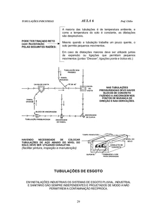 TUBULAÇÕES INDUSTRIAS AULA 6 Prof. Clélio
29
A maioria das tubulações é de temperatura ambiente, e
como a temperatura do solo é constante, as dilatações
são desprezíveis.
Mesmo quando a tubulação trabalha um pouco quente, o
solo permite pequenos movimentos.
PODE TER TRAÇADO RETO
(sem flexibilidade)
PELAS SEGUINTES RAZÕES:
Em caso de dilatações maiores deve ser utilizado juntas
de expansão ou ligações que permitam pequenos
movimentos (juntas “Dresser”, ligações ponta e bolsa etc.)
NAS TUBULAÇÕES
PRESSURIZADAS DEVE HAVER
BLOCOS DE CONCRETO
FAZENDO A ANCORAGEM NOS
PONTOS DE MUDANÇA DE
DIREÇÃO E NAS DERIVAÇÕES.
HAVENDO NECESSIDADE DE COLOCAR
TUBULAÇÕES DE AÇO ABAIXO DO NÍVEL DO
SOLO, DEVE SER UTILIZADO CANALETAS.
(facilitar pintura, inspeção e manutenção)
TUBULAÇÕES DE ESGOTO
EM INSTALAÇÕES INDUSTRIAIS OS SISTEMAS DE ESGOTO PLUVIAL, INDUSTRIAL
E SANITÁRIO SÃO SEMPRE INDEPENDENTES E PROJETADOS DE MODO A NÃO
PERMITIREM A CONTAMINAÇÃO RECÍPROCA.
 