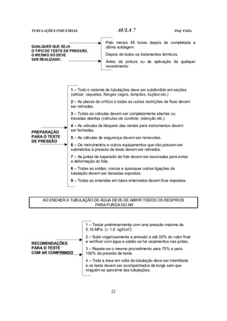 TUBULAÇÕES INDUSTRIAS AULA 7 Prof. Clélio
22
Pelo menos 48 horas depois de completada a
última soldagem
Depois de todos os tratamentos térmicos.
QUALQUER QUE SEJA
O TIPO DE TESTE DE PRESSÃO,
O MESMO SÓ DEVE
SER REALIZADO:
Antes da pintura ou de aplicação de qualquer
revestimento
1 – Todo o sistema de tubulações deve ser subdividido em seções
(utilizar, raquetas, flanges cegos, tampões, bujões etc.)
2 – As placas de orifício e todas as outras restrições de fluxo devem
ser retiradas.
3 – Todas as válvulas devem ser completamente abertas ou
travadas abertas (válvulas de controle, retenção etc.).
4 – As válvulas de bloqueio das ramais para instrumentos devem
ser fechadas.
5 – As válvulas de segurança devem ser removidas.
6 – Os instrumentos e outros equipamentos que não possam ser
submetidos à pressão de teste devem ser retirados.
7 – As juntas de expansão de fole devem ser escoradas para evitar
a deformação do fole.
8 – Todas as soldas, roscas e quaisquer outras ligações da
tubulação devem ser deixadas expostas.
PREPARAÇÃO
PARA O TESTE
DE PRESSÃO
9 – Todas as emendas em tubos enterrados devem ficar expostas.
AO ENCHER A TUBULAÇÃO DE ÁGUA DEVE-SE ABRIR TODOS OS RESPIROS
PARA PURGA DO AR
1 – Testar preliminarmente com uma pressão máxima de
0,18 MPa (≅ 1,8 kgf/cm2
)
2 – Subir vagarosamente a pressão a até 50% do valor final
e verificar com água e sabão se há vazamentos nas juntas.
3 – Repete-se o mesmo procedimento para 75% e para
100% da pressão de teste.
RECOMENDAÇÕES
PARA O TESTE
COM AR COMPRIMIDO
4 – Toda a área em volta da tubulação deve ser interditada
e os teste devem ser acompanhados de longe sem que
ninguém se aproxime das tubulações.
 