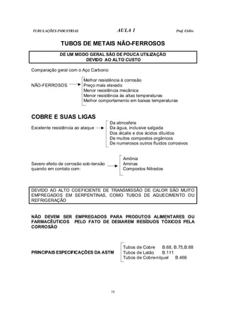 TUBULAÇÕES INDUSTRIAS AULA 1 Prof. Clélio
18
TUBOS DE METAIS NÃO-FERROSOS
DE UM MODO GERAL SÃO DE POUCA UTILIZAÇÃO
DEVIDO AO ALTO CUSTO
Comparação geral com o Aço Carbono:
Melhor resistência à corrosão
NÃO-FERROSOS Preço mais elevado
Menor resistência mecânica
Menor resistência às altas temperaturas
Melhor comportamento em baixas temperaturas
COBRE E SUAS LIGAS
Da atmosfera
Excelente resistência ao ataque Da água, inclusive salgada
Dos álcalis e dos ácidos diluídos
De muitos compostos orgânicos
De numerosos outros fluidos corrosivos
Amônia
Severo efeito de corrosão sob-tensão Aminas
quando em contato com: Compostos Nitrados
DEVIDO AO ALTO COEFICIENTE DE TRANSMISSÃO DE CALOR SÃO MUITO
EMPREGADOS EM SERPENTINAS, COMO TUBOS DE AQUECIMENTO OU
REFRIGERAÇÃO
NÃO DEVEM SER EMPREGADOS PARA PRODUTOS ALIMENTARES OU
FARMACÊUTICOS PELO FATO DE DEIXAREM RESÍDUOS TÓXICOS PELA
CORROSÃO
Tubos de Cobre B.68, B.75,B.88
PRINCIPAIS ESPECIFICAÇÕES DA ASTM Tubos de Latão B.111
Tubos de Cobre-níquel B.466
 