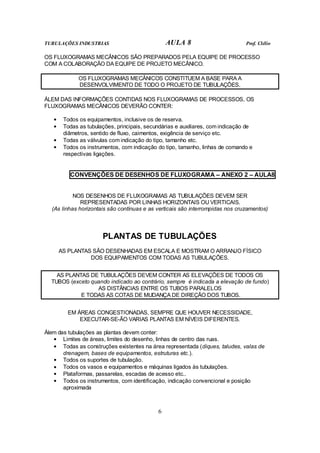 TUBULAÇÕES INDUSTRIAS AULA 8 Prof. Clélio
6
OS FLUXOGRAMAS MECÂNICOS SÃO PREPARADOS PELA EQUIPE DE PROCESSO
COM A COLABORAÇÃO DA EQUIPE DE PROJETO MECÂNICO.
OS FLUXOGRAMAS MECÂNICOS CONSTITUEM A BASE PARA A
DESENVOLVIMENTO DE TODO O PROJETO DE TUBULAÇÕES.
ÁLEM DAS INFORMAÇÕES CONTIDAS NOS FLUXOGRAMAS DE PROCESSOS, OS
FLUXOGRAMAS MECÂNICOS DEVERÃO CONTER:
• Todos os equipamentos, inclusive os de reserva.
• Todas as tubulações, principais, secundárias e auxiliares, com indicação de
diâmetros, sentido de fluxo, caimentos, exigência de serviço etc.
• Todas as válvulas com indicação do tipo, tamanho etc.
• Todos os instrumentos, com indicação do tipo, tamanho, linhas de comando e
respectivas ligações.
CONVENÇÕES DE DESENHOS DE FLUXOGRAMA – ANEXO 2 – AULA8
NOS DESENHOS DE FLUXOGRAMAS AS TUBULAÇÕES DEVEM SER
REPRESENTADAS POR LINHAS HORIZONTAIS OU VERTICAIS.
(As linhas horizontais são contínuas e as verticais são interrompidas nos cruzamentos)
PLANTAS DE TUBULAÇÕES
AS PLANTAS SÃO DESENHADAS EM ESCALA E MOSTRAM O ARRANJO FÍSICO
DOS EQUIPAMENTOS COM TODAS AS TUBULAÇÕES.
AS PLANTAS DE TUBULAÇÕES DEVEM CONTER AS ELEVAÇÕES DE TODOS OS
TUBOS (exceto quando indicado ao contrário, sempre é indicada a elevação de fundo)
AS DISTÂNCIAS ENTRE OS TUBOS PARALELOS
E TODAS AS COTAS DE MUDANÇA DE DIREÇÃO DOS TUBOS.
EM ÁREAS CONGESTIONADAS, SEMPRE QUE HOUVER NECESSIDADE,
EXECUTAR-SE-ÃO VARIAS PLANTAS EM NÍVEIS DIFERENTES.
Álem das tubulações as plantas devem conter:
• Limites de áreas, limites do desenho, linhas de centro das ruas.
• Todas as construções existentes na área representada (diques, taludes, valas de
drenagem, bases de equipamentos, estruturas etc.).
• Todos os suportes de tubulação.
• Todos os vasos e equipamentos e máquinas ligados às tubulações.
• Plataformas, passarelas, escadas de acesso etc..
• Todos os instrumentos, com identificação, indicação convencional e posição
aproximada
 