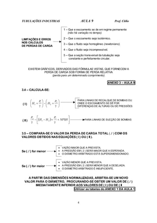 TUBULAÇÕES INDUSTRIAS AULA 9 Prof. Clélio
4
1 – Que e escoamento se de em regime permanente
(não há variação no tempo).
2 – Que o escoamento seja isotérmico.
3 – Que o fluido seja homogêneo (newtoniano).
4 – Que o fluido seja incompressível.
LIMITAÇÕES E ERROS
NOS CÁLCULOS
DE PERDAS DE CARGA
5 – Que a seção transversal da tubulação seja
constante e perfeitamente circular.
EXISTEM GRÁFICOS, DERIVADOS DAS FÓRMULAS VISTAS, QUE FORNECEM A
PERDA DE CARGA SOB FORMA DE PERDA RELATIVA
(perda para um determinado comprimento).
ANEXO 3 – AULA 9
3.4 – CALCULA-SE:
( I ) 







+
−








+
γ
γ
2
2
1
1
P
H
P
H
PARA LINHAS DE RECALQUE DE BOMBAS OU
ONDE O ESCOAMENTO SE DÊ POR
DIFERENÇAS DE ALTURAS OU DE PRESSÕES
( II ) ( ) 





+
+
−
− NPSH
P
H
H
P v
a
γ
γ
2
1 PARA LINHAS DE SUCÇÃO DE BOMBAS
3.5 – COMPARA-SE O VALOR DA PERDA DE CARGA TOTAL ( J ) COM OS
VALORES OBTIDOS NAS EQUAÇÕES ( I ) OU ( II ).
Se ( J ) for menor
• VAZÃO MAIOR QUE A PREVISTA.
• A PRESSÃO EM ( 2 ) SERÁ MAIOR QUE A ESPERADA.
• O DIÂMETRO ARBITRADO ESTÁ SUPERDIMENSIONADO.
Se ( J ) for maior
• VAZÃO MENOR QUE A PREVISTA.
• A PRESSÃO EM ( 2 ) SERÁ MENOR QUE A DESEJADA.
• O DIÂMETRO ARBITRADO É INSUFICIENTE.
A PARTIR DAS DIMENSÕES NORMALIZADAS, ARBITRA-SE UM NOVO
VALOR PARA O DIÂMETRO, PROCURANDO-SE OBTER UM VALOR DE ( J )
IMEDIATAMENTE INFERIOR AOS VALORES DE ( I ) OU DE ( II
Utilizar as tabelas do ANEXO 1 DA AULA 1
 