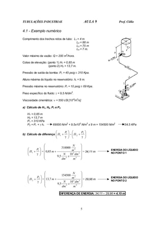 TUBULAÇÕES INDUSTRIAS AULA 9 Prof. Clélio
5
4.1 - Exemplo numérico
Comprimento dos trechos retos de tubo: L1 = 4 m
L2 = 88 m
L3 = 75 m
L4 = 7 m.
Valor máximo da vazão: Q = 200 m3
/hora.
Cotas de elevação: (ponto 1) H1 = 0,85 m
(ponto 2) H2 = 13,7 m.
Pressão de saída da bomba: P1 = 45 psig ≅ 310 Kpa.
Altura máxima do líquido no reservatório: hr = 9 m.
Pressão máxima no reservatório: Pr = 10 psig ≅ 69 Kpa.
Peso específico do fluido: γ = 9,5 N/dm3
.
Viscosidade cinemática: ν = 550 cSt [10-6
m2
/s]
a) Cálculo de H1, H2, P1 e P2
H1 = 0,85 m
H2 = 13,7 m
P1 = 310 KPa
P2 = Pr + γ hr 69000 N/m2
+ 9,5x103
N/m3
x 9 m = 154500 N/m2
154,5 KPa
b) Cálculo da diferença 







+
−








+
γ
γ
2
2
1
1
P
H
P
H








+
γ
1
1
P
H =












+
3
3
3
3
2
10
5
,
9
310000
85
,
0
m
dm
x
dm
N
m
N
m = 34,11 m
ENERGIA DO LÍQUIDO
NO PONTO 1








+
γ
2
2
P
H =












+
3
3
3
3
2
10
5
,
9
154500
7
,
13
m
dm
x
dm
N
m
N
m = 29,96 m
ENERGIA DO LÍQUIDO
NO PONTO 2
DIFERENÇA DE ENERGIA: 34,11 – 29,96 = 4,15 m
 